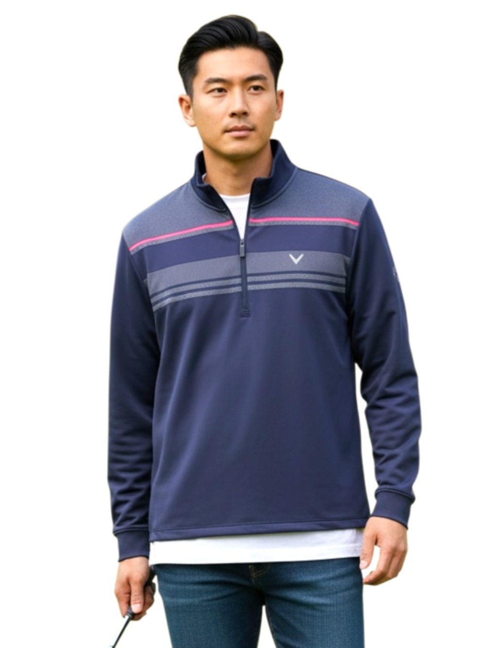 Callaway Navy/Pink Stripe 1/4 Zip Pullover Sweater (S)
